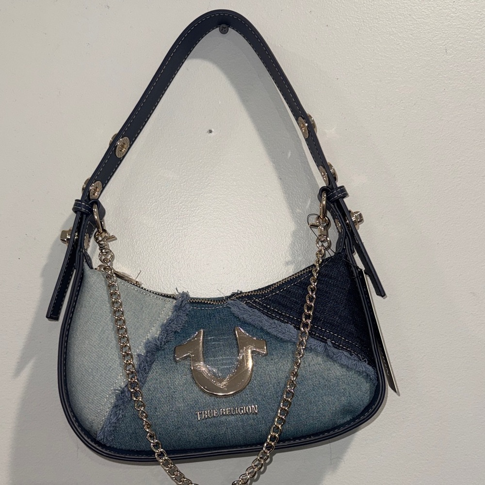 True Religion Blue Denim Patchwork Shoulder Bag with Gold Hardware